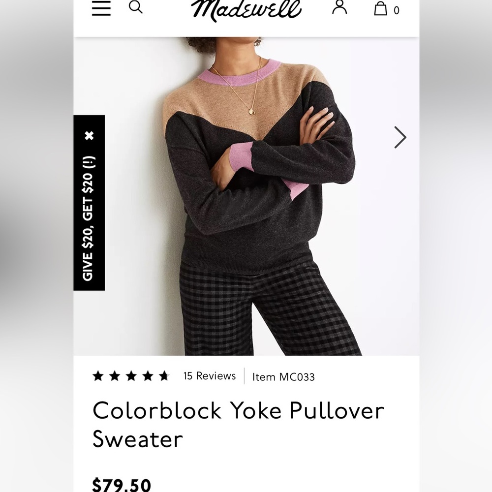 Madewell colorblock yoke pullover faux off shoulder sweater